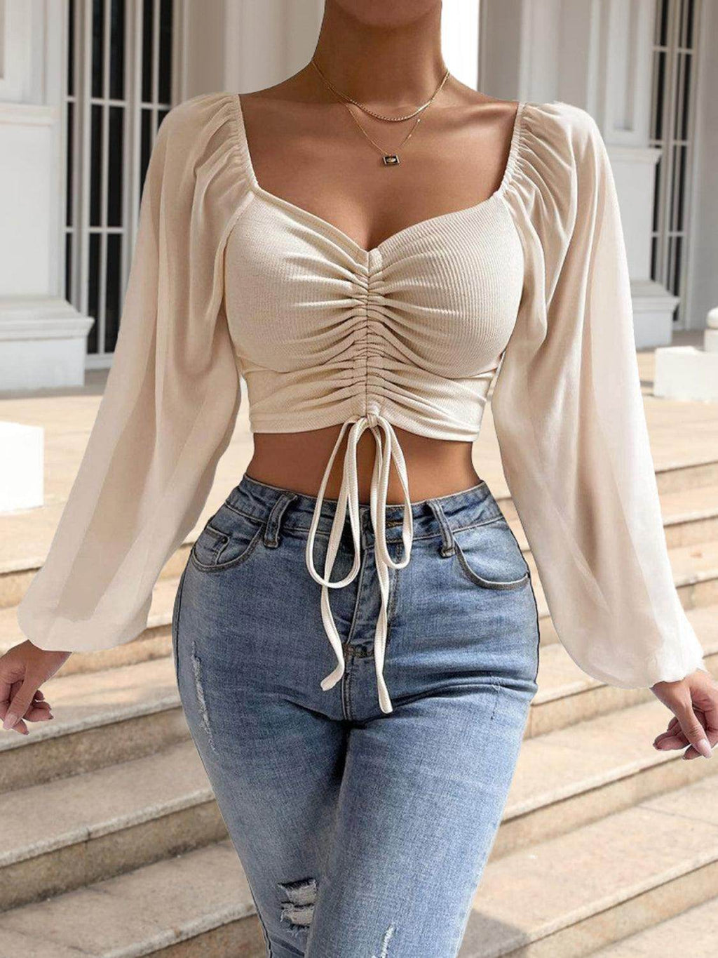 Drawstring Sweetheart Neck Cropped Top for Stylish Looks